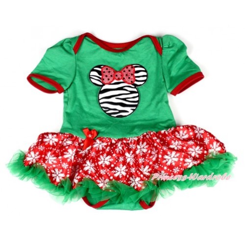 Kelly Green Baby Bodysuit Jumpsuit Red Snowflakes Pettiskirt with Sparkle Red Zebra Minnie Print JS1993 