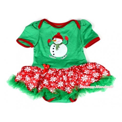 Xmas Kelly Green Baby Bodysuit Jumpsuit Red Snowflakes Pettiskirt with Ice-Skating Snowman Print JS1995 