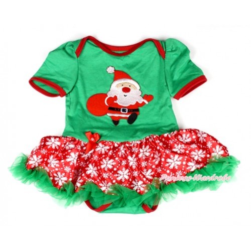 Xmas Kelly Green Baby Bodysuit Jumpsuit Red Snowflakes Pettiskirt with Gift Bag Santa Claus Print JS1996 