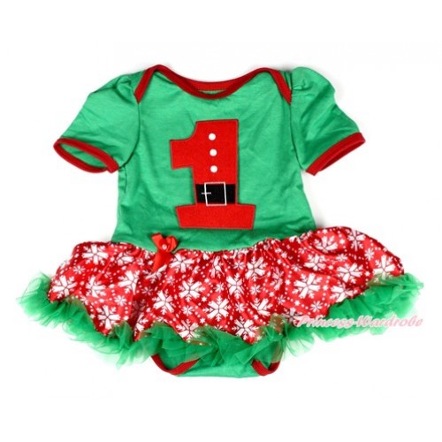 Xmas Kelly Green Baby Bodysuit Jumpsuit Red Snowflakes Pettiskirt with 1st Santa Claus Birthday Number Print JS1997 