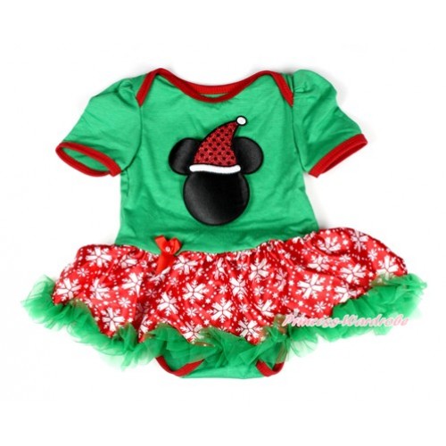 Xmas Kelly Green Baby Bodysuit Jumpsuit Red Snowflakes Pettiskirt with Christmas Minnie Print JS1998 