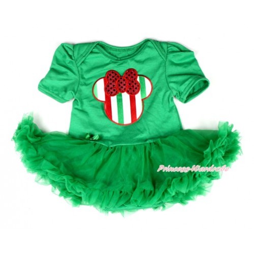 Xmas Kelly Green Baby Bodysuit Jumpsuit Kelly Green Pettiskirt with Red White Green Striped Minnie Print JS2000 