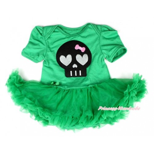 Halloween Kelly Green Baby Bodysuit Jumpsuit Kelly Green Pettiskirt with Black Skeleton Print JS2001 