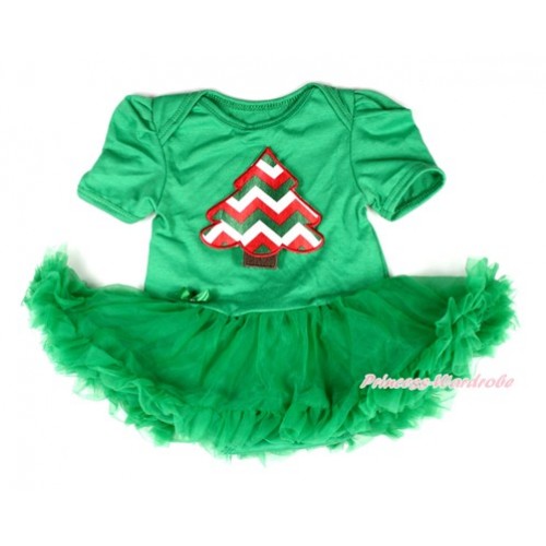 Xmas Kelly Green Baby Bodysuit Jumpsuit Kelly Green Pettiskirt with Red White Green Wave Christmas Tree Print JS2002 