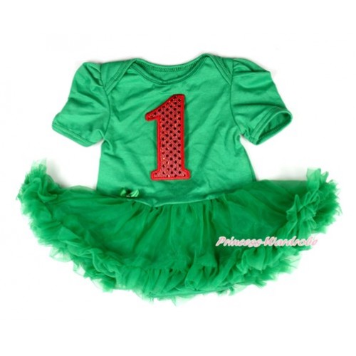 Xmas Kelly Green Baby Bodysuit Jumpsuit Kelly Green Pettiskirt with 1st Sparkle Red Birthday Number Print JS2007 