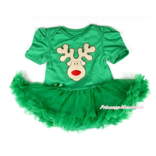 Xmas Kelly Green Baby Bodysuit Jumpsuit Kelly Green Pettiskirt with Christmas Reindeer Print JS2009 