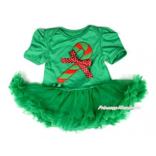 Xmas Kelly Green Baby Bodysuit Jumpsuit Kelly Green Pettiskirt with Christmas Stick Print & Minnie Dots Bow JS2010 