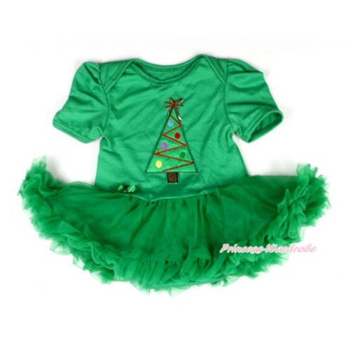 Xmas Kelly Green Baby Bodysuit Jumpsuit Kelly Green Pettiskirt with Christmas Tree Print JS2011 