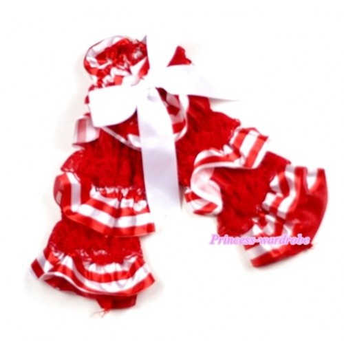 Baby Red & Red White Stripes Lace Leg Warmers Leggings with White Ribbon  LG196 