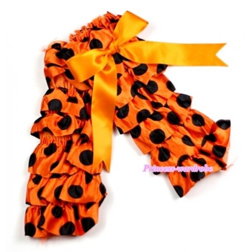 Baby Orange Black Polka Dots Lace Leg Warmers Leggings with Orange Ribbon LG200 