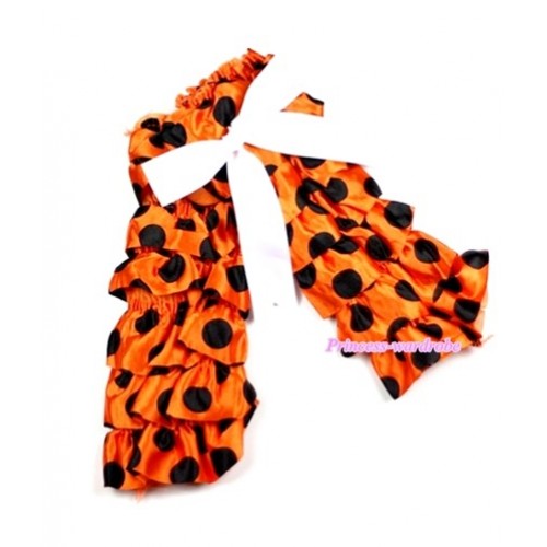 Baby Orange Black Polka Dots Lace Leg Warmers Leggings with White Ribbon LG202 