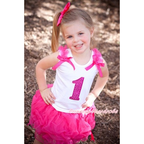 White Tank Top With Hot Pink Ruffles & Hot Pink Bow & 1st Sparkle Hot Pink Birthday Number Print With Hot Pink Bow Hot Pink Petal Pettiskirt MG822 