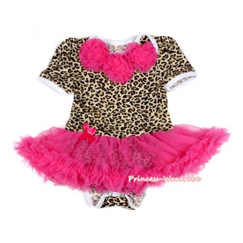 Leopard Baby Bodysuit Jumpsuit Hot Pink Pettiskirt with Hot Pink Rosettes JS2073 