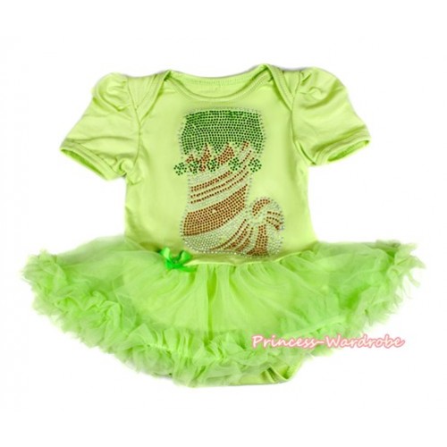 Xmas Light Green Baby Bodysuit Jumpsuit Light Green Pettiskirt with Sparkle Crystal Bling Christmas Stocking Print JS2076 