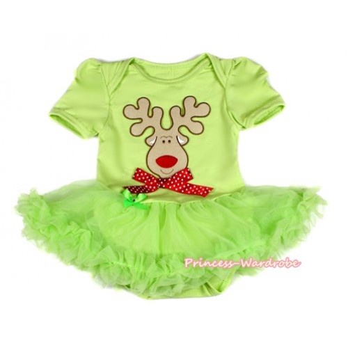 Xmas Light Green Baby Bodysuit Jumpsuit Light Green Pettiskirt with Christmas Reindeer Print & Minnie Dots Bow JS2082 