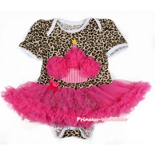 Leopard Baby Bodysuit Jumpsuit Hot Pink Pettiskirt with Hot Pink Birthday Cake Print JS2088 