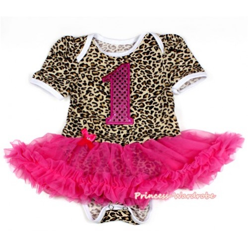 Leopard Baby Bodysuit Jumpsuit Hot Pink Pettiskirt with 1st Sparkle Hot Pink Birthday Number Print JS2092 