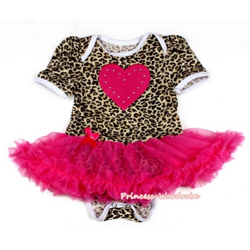 Leopard Baby Bodysuit Jumpsuit Hot Pink Pettiskirt with Hot Pink Heart Print JS2095 