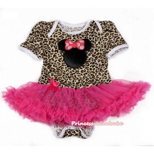 Leopard Baby Bodysuit Jumpsuit Hot Pink Pettiskirt with Hot Pink Minnie Print JS2096 