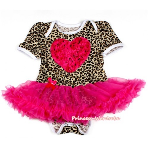 Leopard Baby Bodysuit Jumpsuit Hot Pink Pettiskirt with Hot Pink Rosettes Heart Print JS2097 