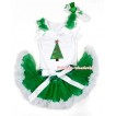 Xmas White Baby Pettitop with Christmas Tree Print with Kelly Green Ruffles & White Bow with Kelly Green White Newborn Pettiskirt NN81 