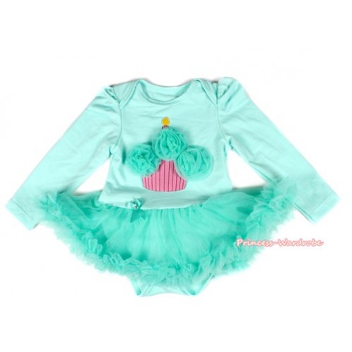 Aqua Blue Long Sleeve Baby Bodysuit Jumpsuit Aqua Blue Pettiskirt With Aqua Blue Rosettes Birthday Cake Print JS2140 