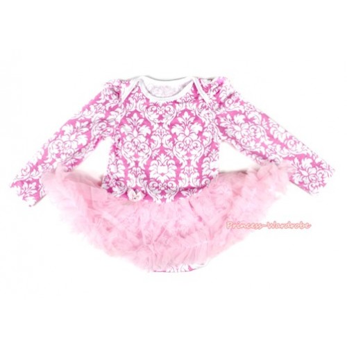 Light Pink White Damask Long Sleeve Baby Bodysuit Jumpsuit Light Pink Pettiskirt JS2138 