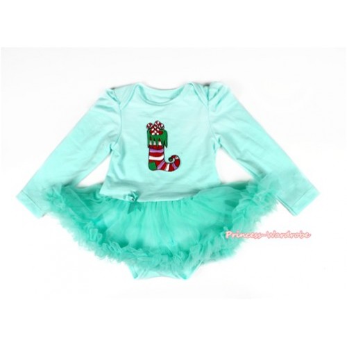 Xmas Aqua Blue Long Sleeve Baby Bodysuit Jumpsuit Aqua Blue Pettiskirt With Christmas Stocking Print JS2144 