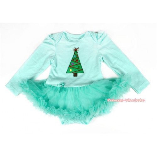 Xmas Aqua Blue Long Sleeve Baby Bodysuit Jumpsuit Aqua Blue Pettiskirt With Christmas Tree Print JS2146 