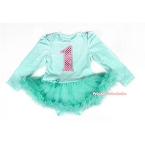 Aqua Blue Long Sleeve Baby Bodysuit Jumpsuit Aqua Blue Pettiskirt With 1st Sparkle Light Pink Birthday Number Print JS2149 