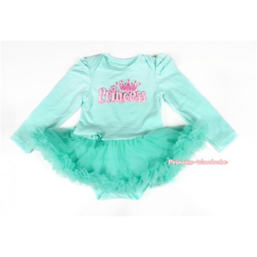 Aqua Blue Long Sleeve Baby Bodysuit Jumpsuit Aqua Blue Pettiskirt With Princess Print JS2151 