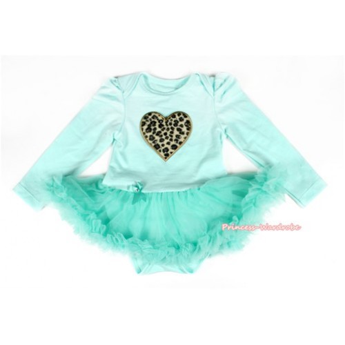 Aqua Blue Long Sleeve Baby Bodysuit Jumpsuit Aqua Blue Pettiskirt With Leopard Heart Print JS2152 