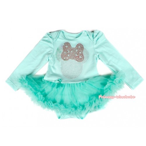 Aqua Blue Long Sleeve Baby Bodysuit Jumpsuit Aqua Blue Pettiskirt With Sparkle Crystal Bling Red Minnie Print JS2154 