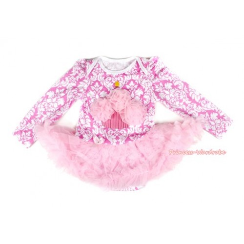 Light Pink White Damask Long Sleeve Baby Bodysuit Jumpsuit Light Pink Pettiskirt With Light Pink Rosettes Birthday Cake Print JS2155 