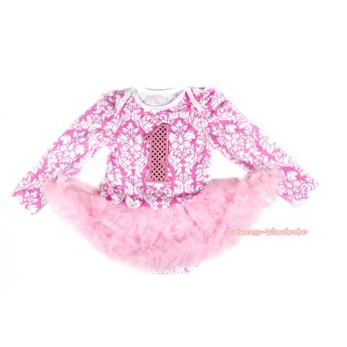 Light Pink White Damask Long Sleeve Baby Bodysuit Jumpsuit Light Pink Pettiskirt With 1st Sparkle Light Pink Birthday Number Print JS2157 