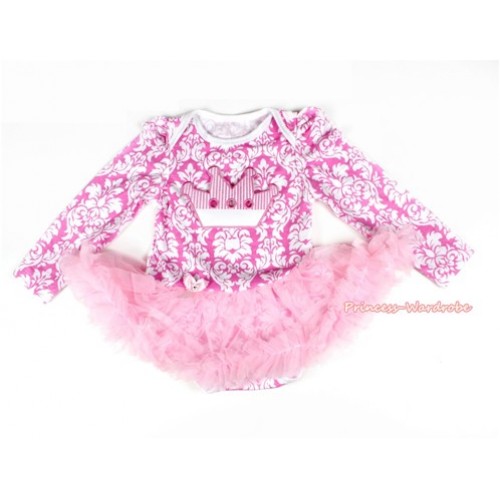 Light Pink White Damask Long Sleeve Baby Bodysuit Jumpsuit Light Pink Pettiskirt With Crown Print JS2158 