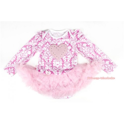 Light Pink White Damask Long Sleeve Baby Bodysuit Jumpsuit Light Pink Pettiskirt With Light Pink Heart Print JS2160 