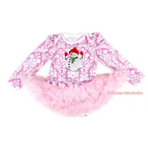 Light Pink White Damask Long Sleeve Baby Bodysuit Jumpsuit Light Pink Pettiskirt With Ice-Skating Snowman Print JS2163 