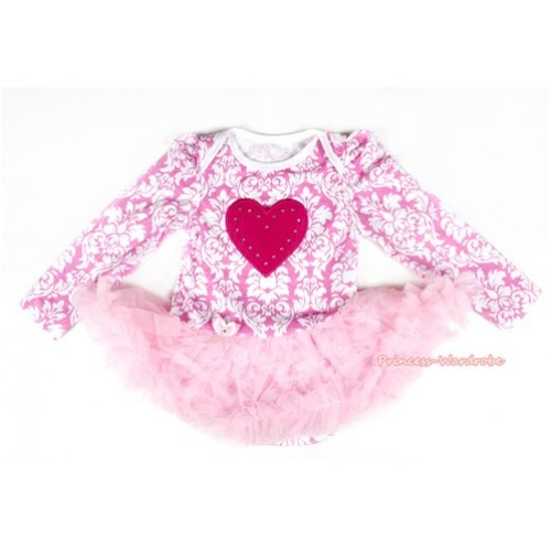 Light Pink White Damask Long Sleeve Baby Bodysuit Jumpsuit Light Pink Pettiskirt With Hot Pink Heart Print JS2164 