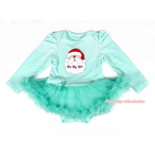 Xmas Aqua Blue Long Sleeve Baby Bodysuit Jumpsuit Aqua Blue Pettiskirt With Santa Claus Print JS2143 