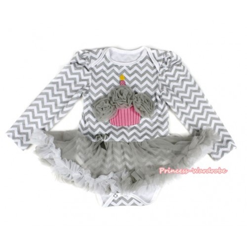 Grey White Wave Long Sleeve Baby Bodysuit Jumpsuit Grey White Pettiskirt With Grey Rosettes Birthday Cake Print JS2221 