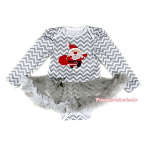 Xmas Grey White Wave Long Sleeve Baby Bodysuit Jumpsuit Grey White Pettiskirt With Gift Bag Santa Claus Print JS2224 