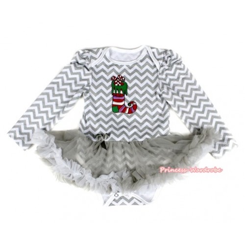 Xmas Grey White Wave Long Sleeve Baby Bodysuit Jumpsuit Grey White Pettiskirt With Christmas Stocking Print JS2226 