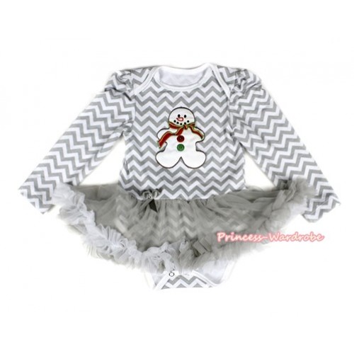 Xmas Grey White Wave Long Sleeve Baby Bodysuit Jumpsuit Grey White Pettiskirt With Christmas Gingerbread Snowman Print JS2227 