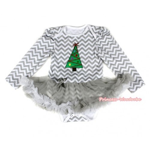 Xmas Grey White Wave Long Sleeve Baby Bodysuit Jumpsuit Grey White Pettiskirt With Christmas Tree Print JS2228 