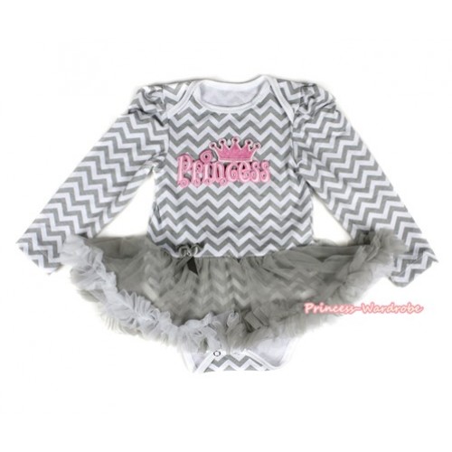 Grey White Wave Long Sleeve Baby Bodysuit Jumpsuit Grey White Pettiskirt With Princess Print JS2229 