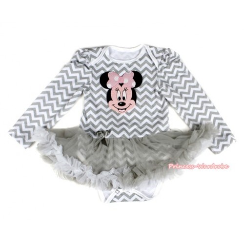 Grey White Wave Long Sleeve Baby Bodysuit Jumpsuit Grey White Pettiskirt With Light Pink Minnie Print JS2230 