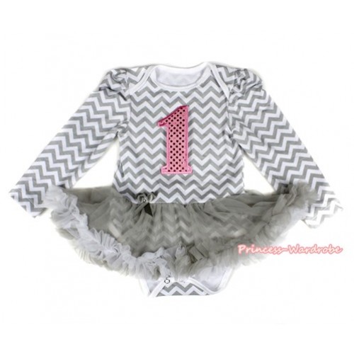 Grey White Wave Long Sleeve Baby Bodysuit Jumpsuit Grey White Pettiskirt With 1st Sparkle Light Pink Birthday Number Print JS2231 