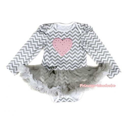 Grey White Wave Long Sleeve Baby Bodysuit Jumpsuit Grey White Pettiskirt With Light Pink Heart Print JS2232 