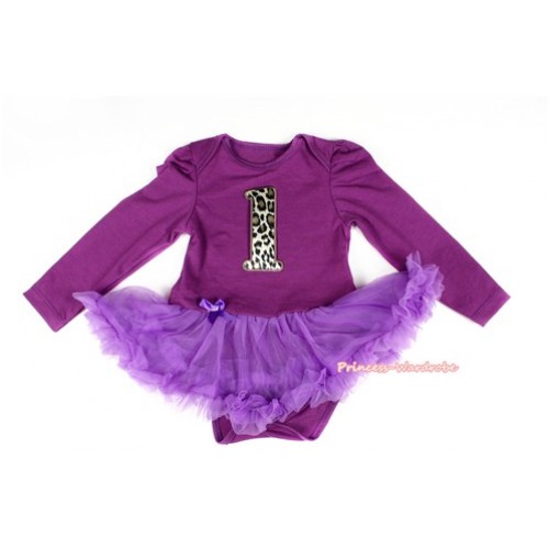 Dark Purple Long Sleeve Baby Bodysuit Jumpsuit Dark Purple Pettiskirt With 1st Leopard Birthday Number Print JS2265 